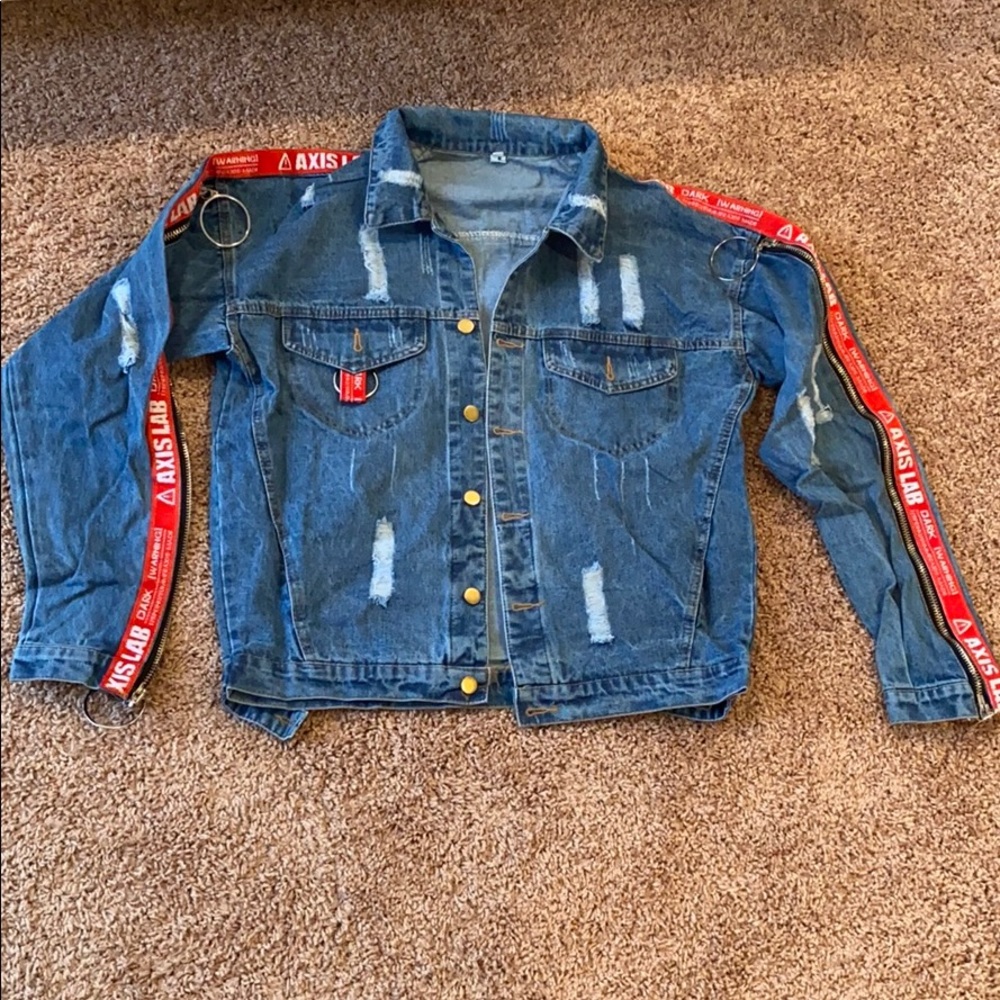 Distressed Denim Jacket W/ Zipper and Graphic Trim